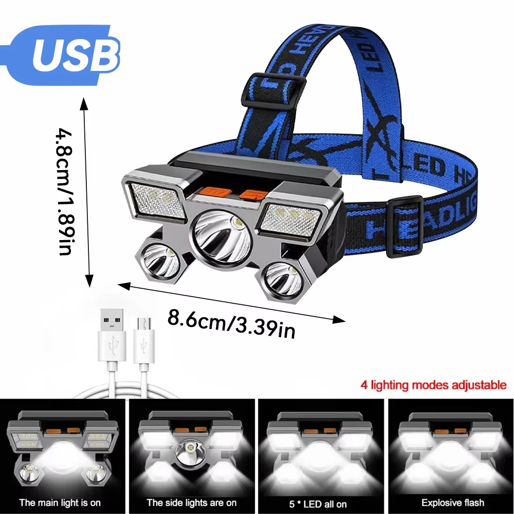 1 lampe frontale Rechargeable, torche de phare Portable 5LED, lampe de travail Portable, lampe front