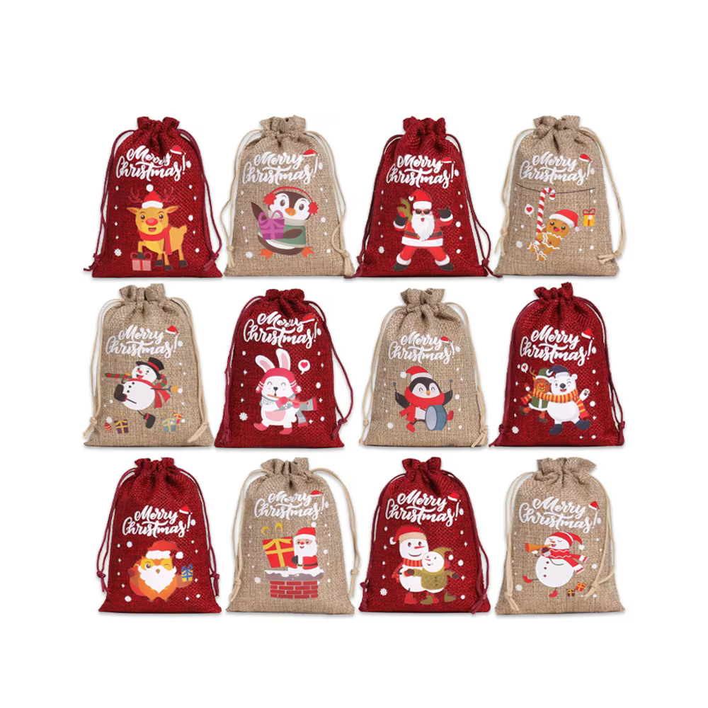 Sacs cadeaux de noël avec cordon de serrage, 12 pièces, sacs en lin pour calendrier de l'avent, sac 