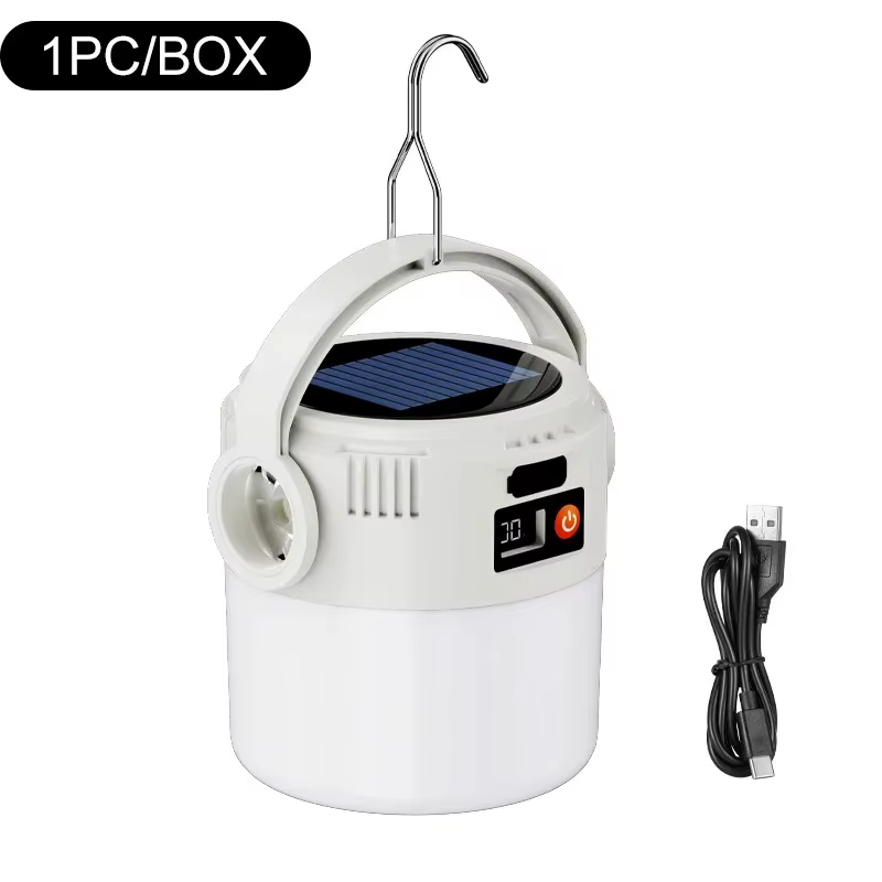 Lampe solaire LED portable pour camping extérieur avec crochet de fixation et prise TYPE-C