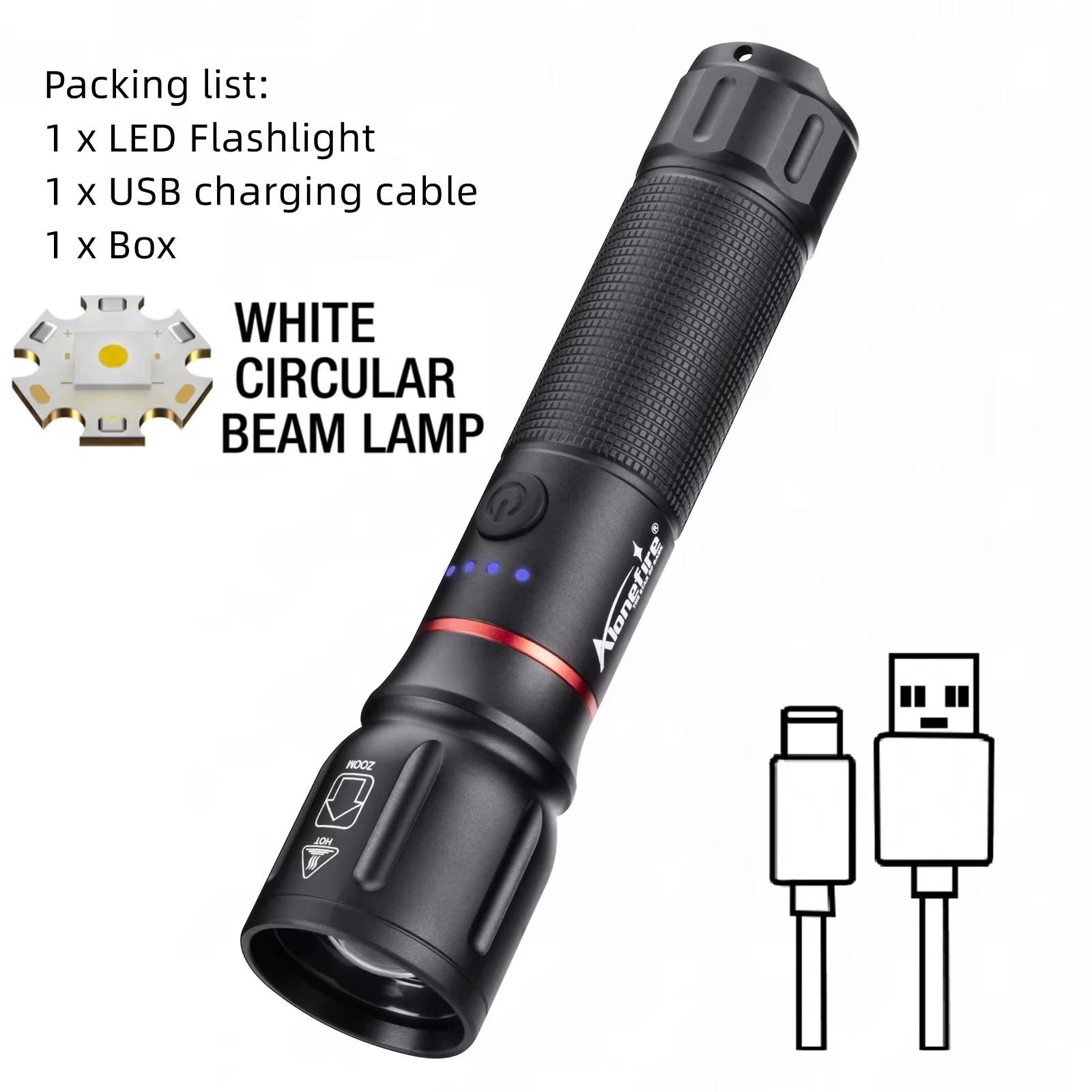 Lampe torche LED Alonefire Zoom Beam Light haute puissance, rechargeable par USB, pour le camping, l