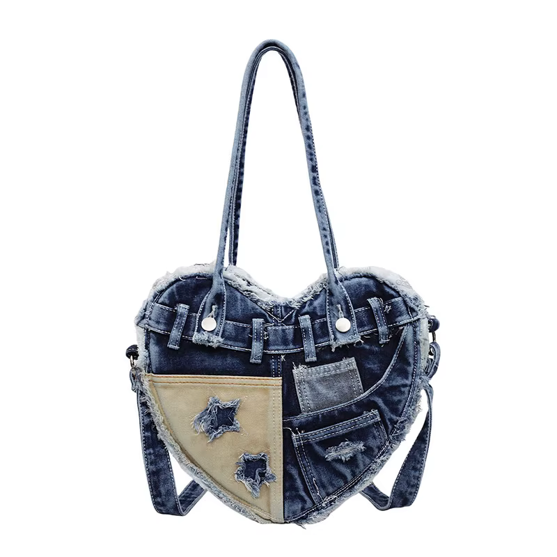 Sac à dos en Denim délavé pour fille, tendance et épicé, décontracté, Style cœur, asymétrique épaule