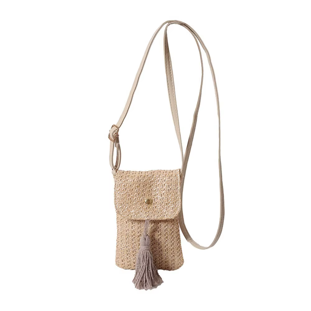 Sac à bandoulière en paille tressée avec longue pampille, style coréen, pochette pour téléphone, cou
