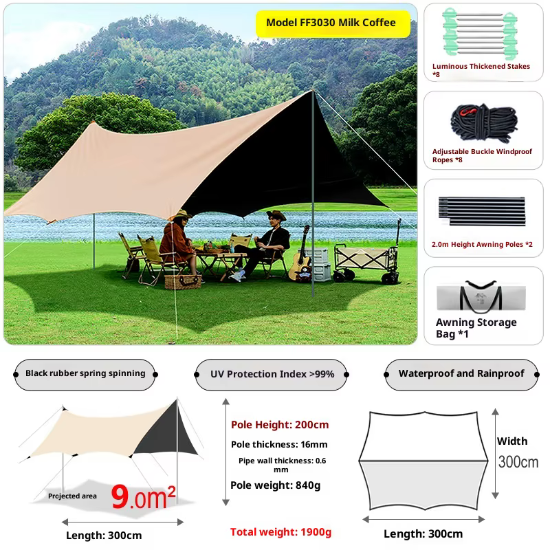 Bâche de camping imperméable robuste, résistante aux UV, enduite de noir, extra épaisse, auvent exté
