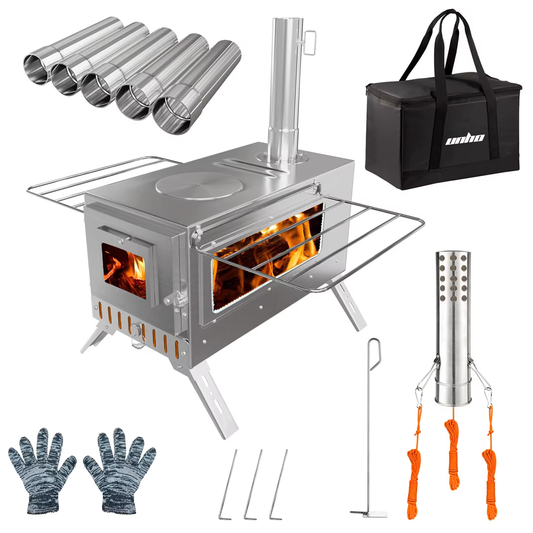 Poêle à tente chaude, poêle à bois unho, poêle à bois portable avec 6 tuyaux de cheminée en acier in