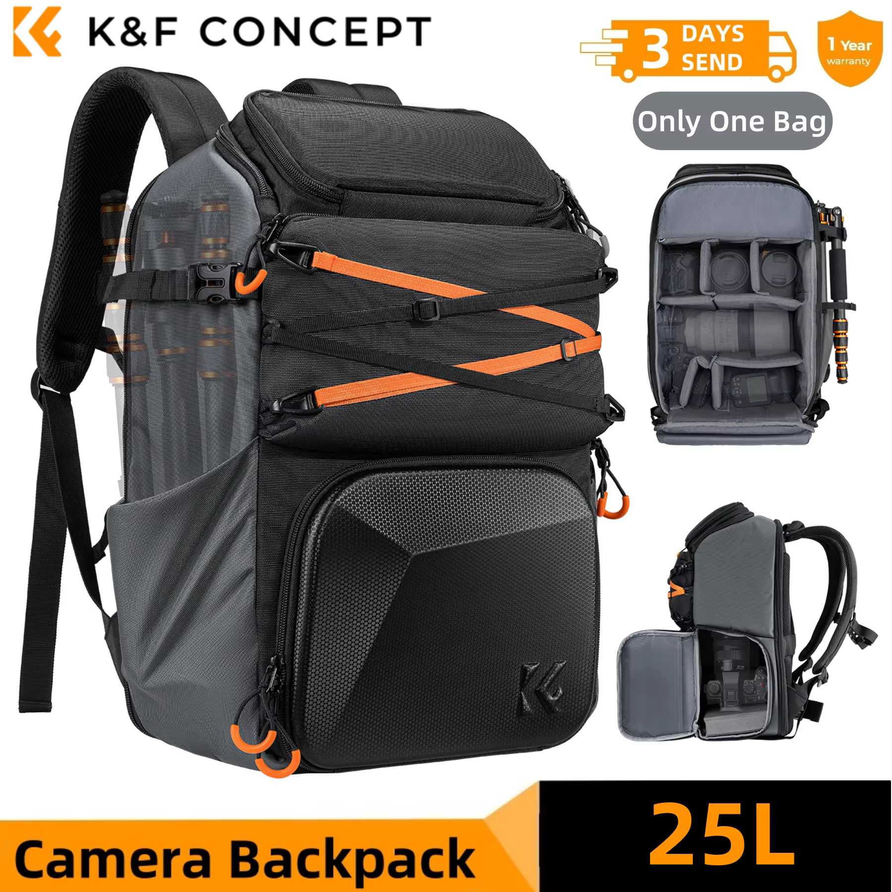 Sac à dos pour appareil photo K&F CONCEPT 25L pour Canon Sony DJI DSLR/SLR, sac de voyage pour appar