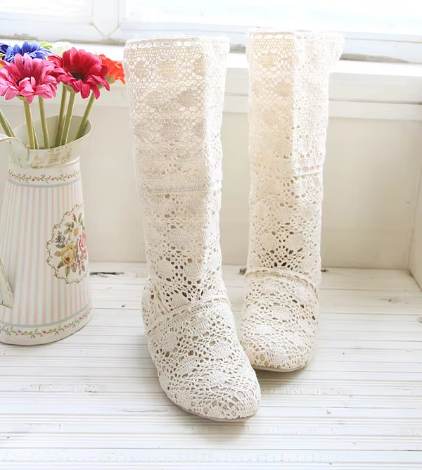 Bottes Creuses Respirantes pour Femme, Chaussures d'Été, Hauteur du Genou, Plates en Maille Tricotée