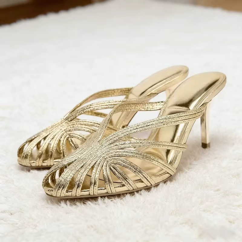 Pantoufles à talons hauts pour femmes, Design à bande étroite dorée, sandales coulissantes à bout po