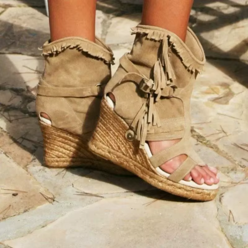 Sandales à semelle compensée pour femme, chaussures à pompon, Parker fermé, bouche de poisson, grand