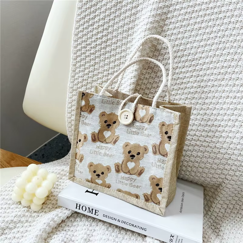 Sac fourre-tout en lin Bear, sac japonais Bento, sac de célébrité d'Internet, sac de voyage petit fo