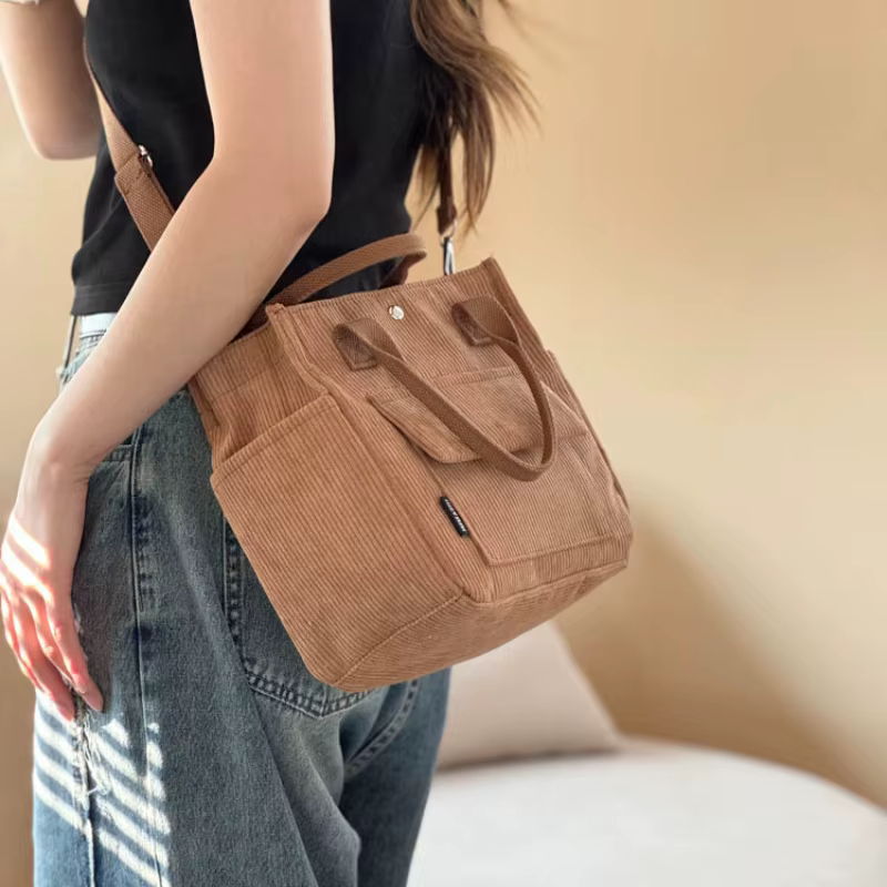 Sac fourre-tout en velours côtelé lavable à la main avec plusieurs poches, sac à bandoulière ou à ba