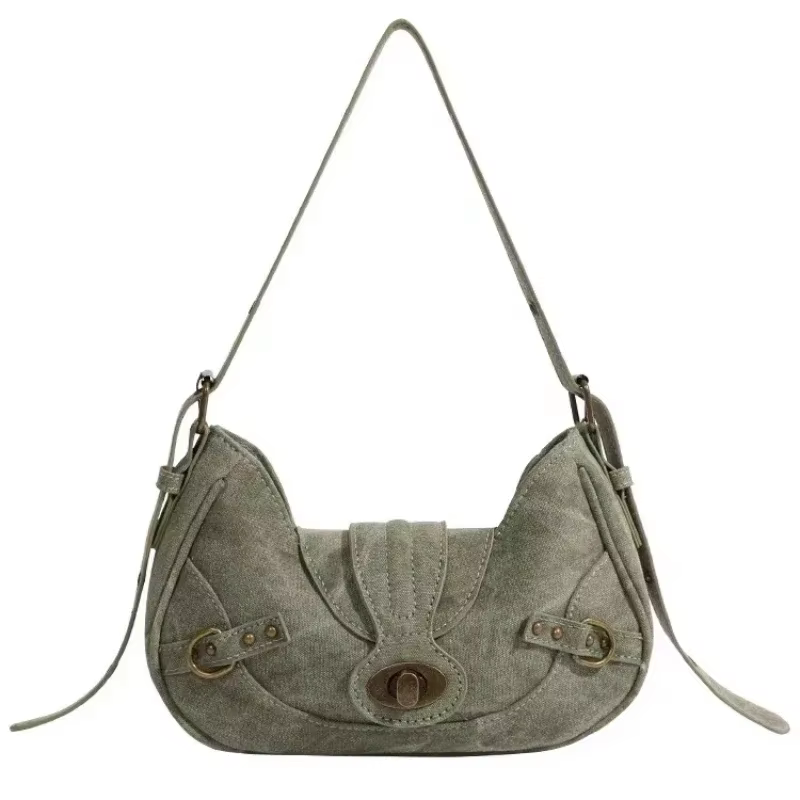 Y2k Vintage sac à bandoulière Style de rue américain Rivets vert toile sac à main gothique Punk Bike