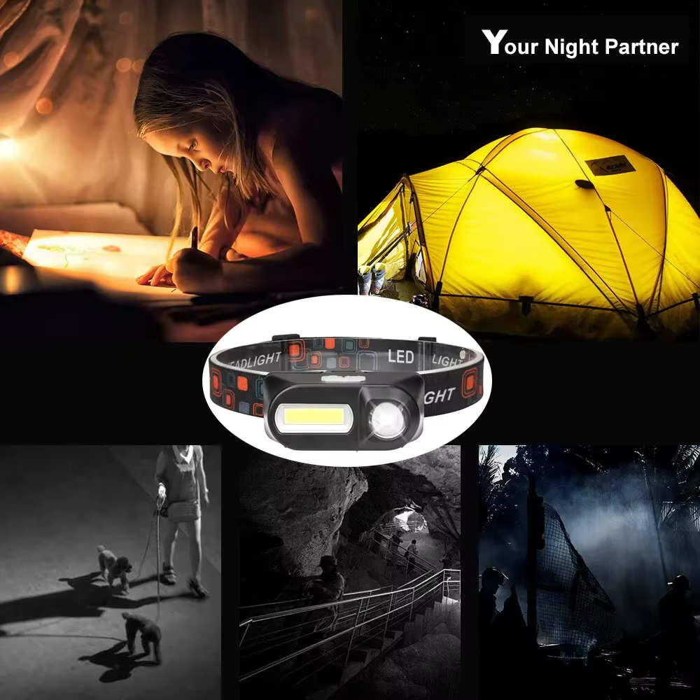 Mini lampe frontale Portable XPE + COB, double Source de lumière, Rechargeable par USB, batterie 186