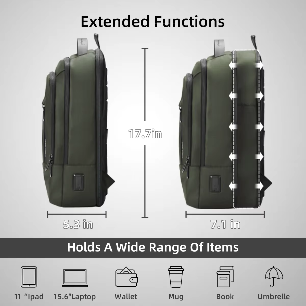HK – sac à dos d'affaires extensible pour hommes, léger, pour ordinateur portable de 15.6 pouces, av