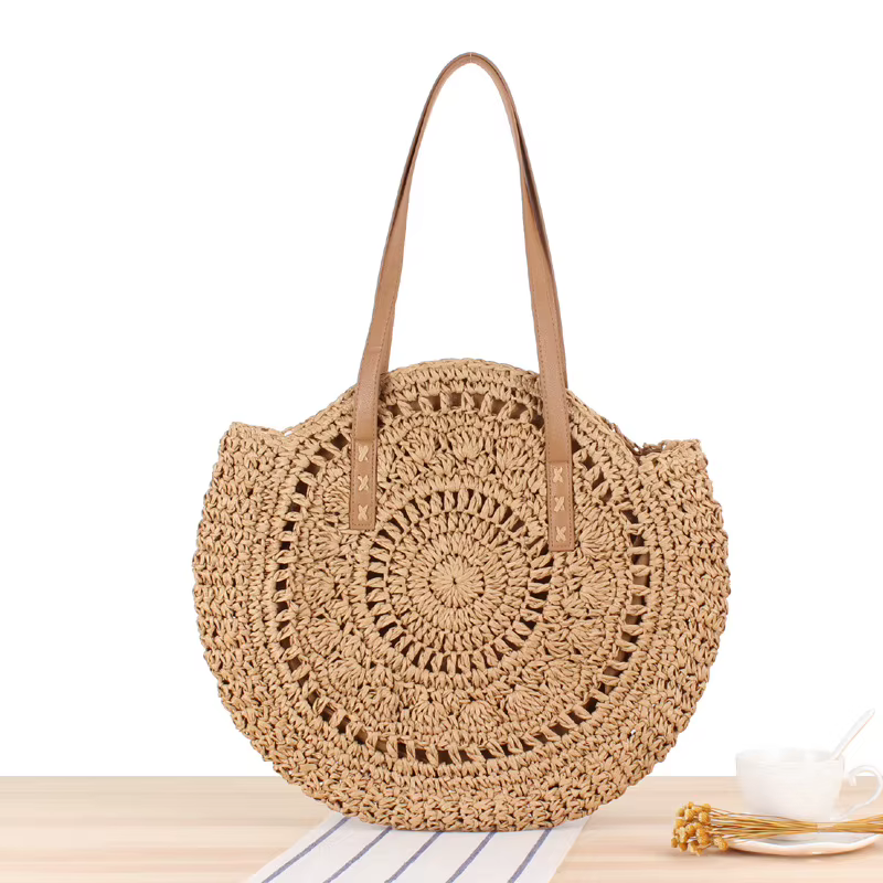 Sac de plage rond en paille, sac à bandoulière tissé Vintage fait à la main, sacs en rotin circulair