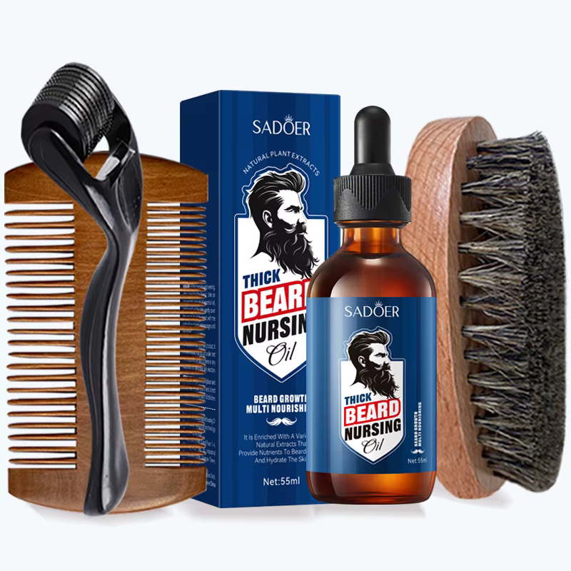 SADOER 55ml Kit d'huile pour la croissance de la barbe pour hommes, brosse à barbe, peigne, rouleau