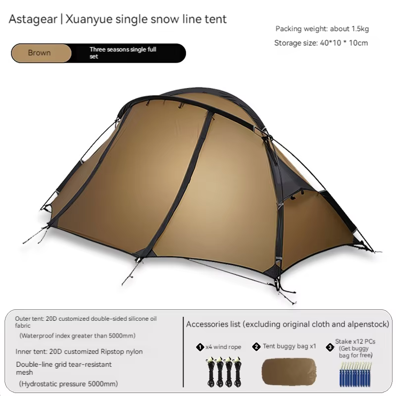 Asta Gear Crescent 1 20D-Tente de camping en nylon et silicone, pour 1 personne, étanche au vent et 