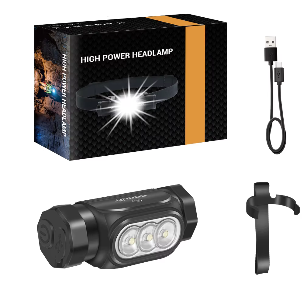 BORUiT HP130 lampe frontale LED ultra lumineuse 1150LM, rechargeable par type-c, étanche IP68, batte