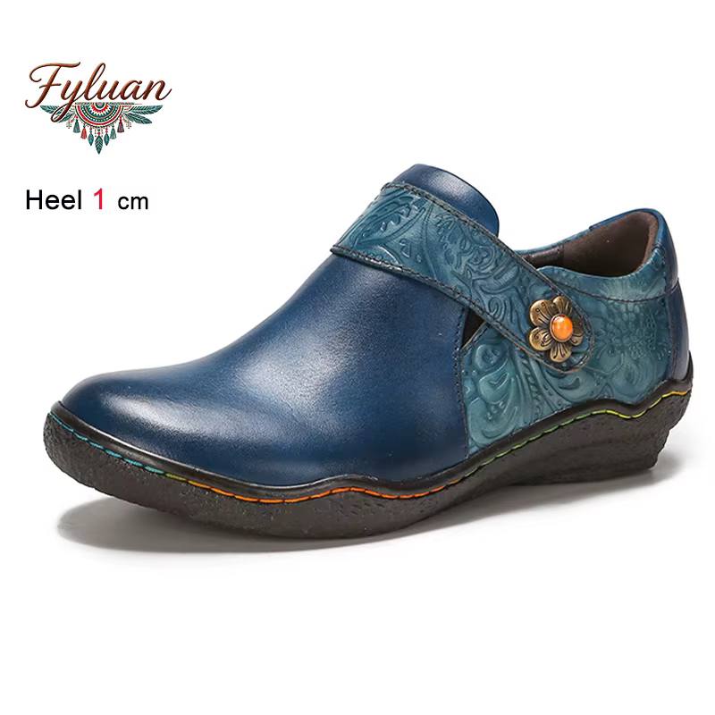 Chaussures plates pour femmes en cuir véritable, faites à la main, à motif floral ethnique, pour le 