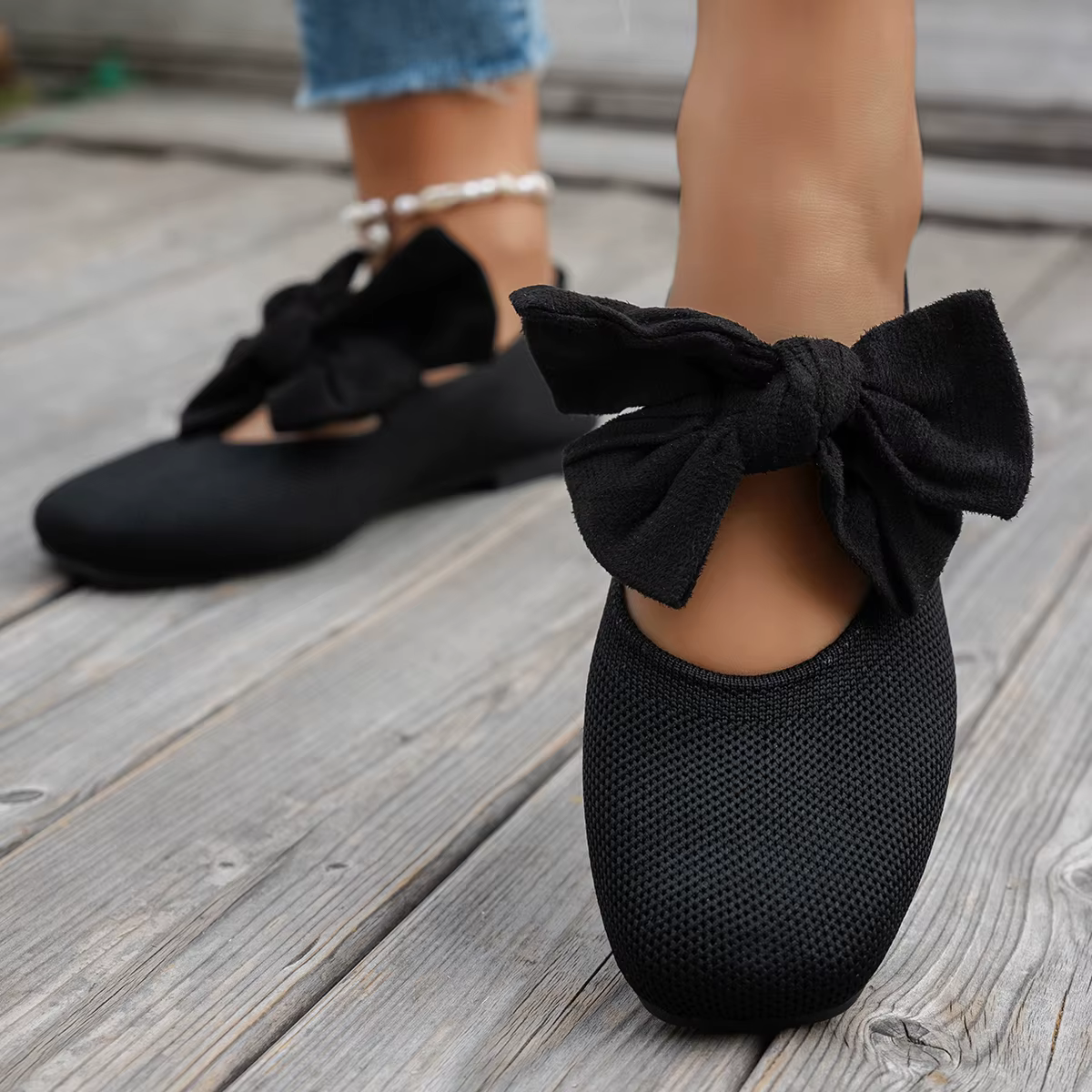 Chaussures plates en dentelle et maille pour femme 2026 – Nouveauté tendance à bout carré avec nœud,