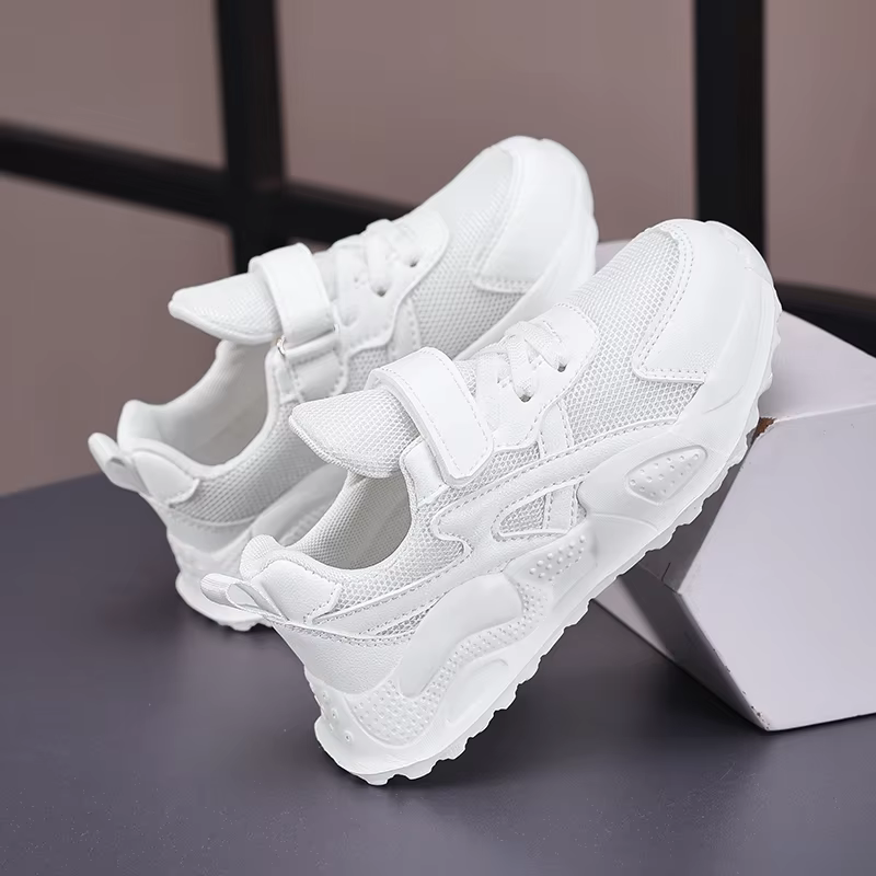 Chaussures décontractées en cuir blanc pour enfants, baskets de course respirantes pour garçons et f