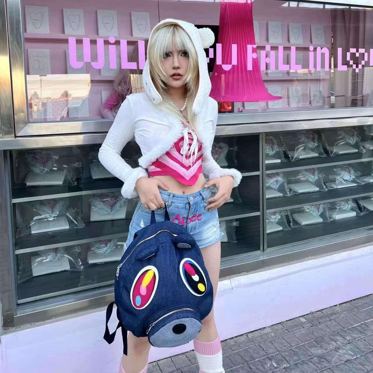 Y2K Dropouts Bear Backpack Large Capacity Denim Cute Kanyes Boy Girl Schoolbag Plush Fashion Cartoon