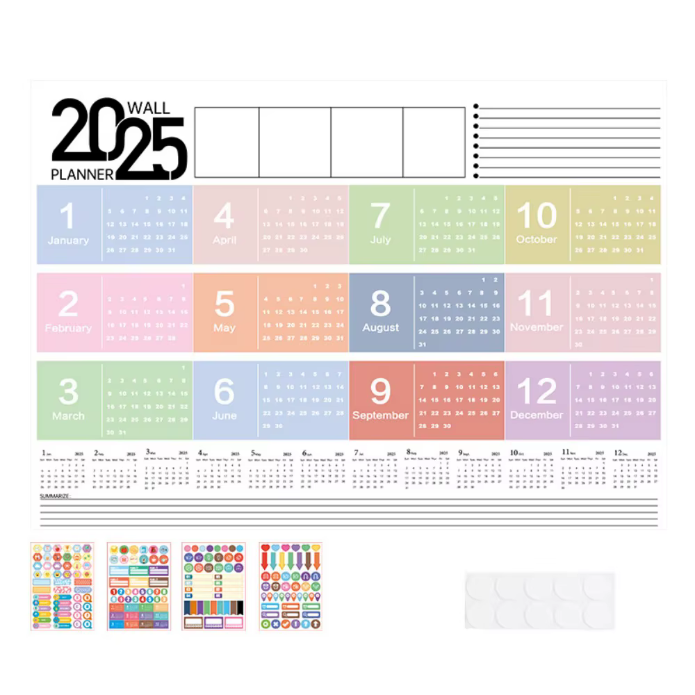 Planificateur pliable 2025 avec autocollants colorés, calendrier mural décoratif en plastique, liste