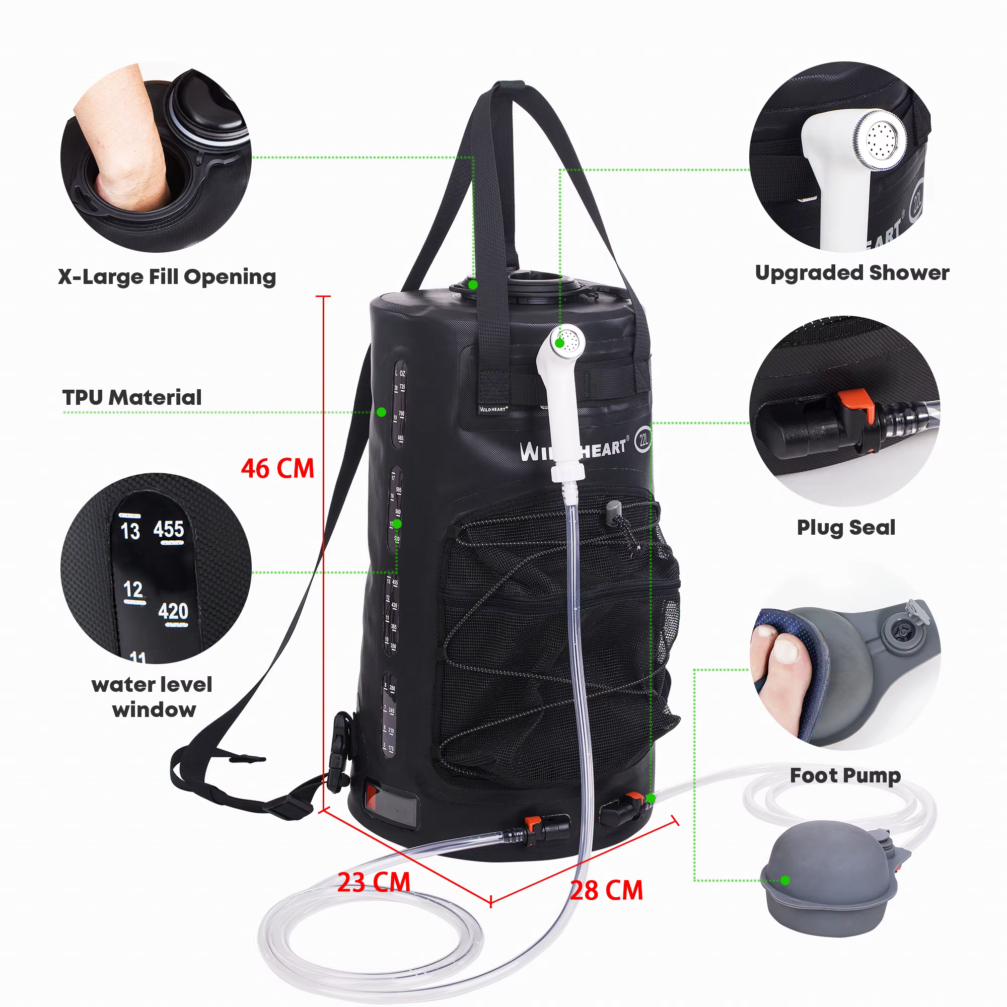 WILD HEART Sac de douche de camping portable avec pompe à pied et tuyau, douche solaire, sac à dos d