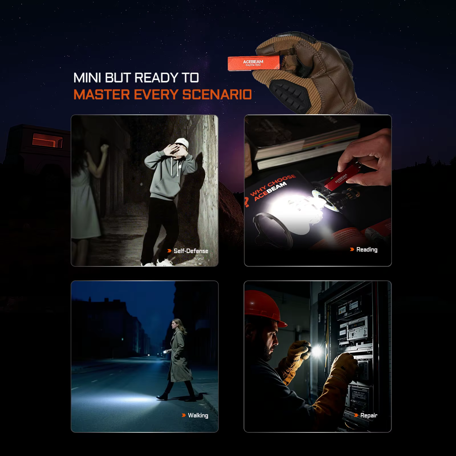 Lampe torche porte-clés ACEBEAM Keylite 500 EDC rechargeable avec mode stroboscopique d'autodéfense