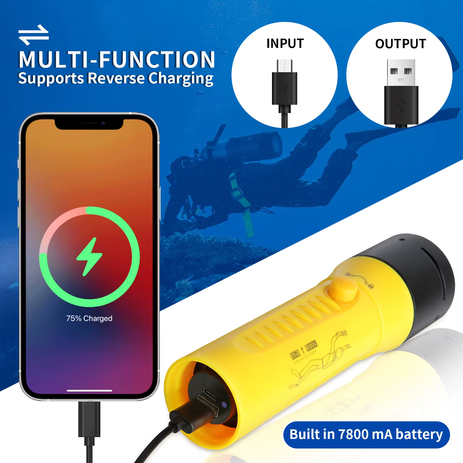 Lampe de poche de plongée 3000LM CERR LED mise au point longue étanche nuit submersible pêche IPX8 e