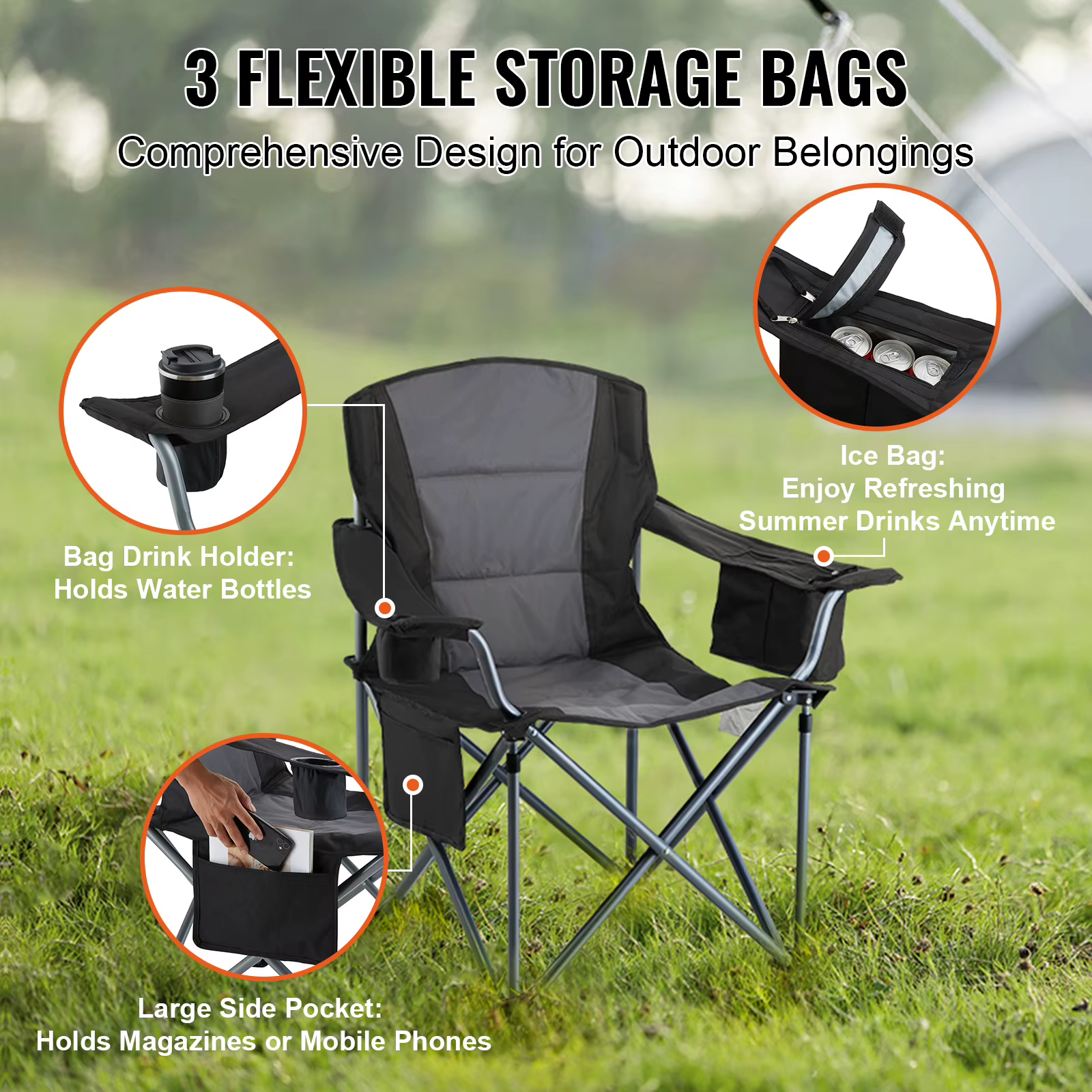 SucceBuy Chaise pliante de camping pour adultes, fauteuils portables à dossier lombaire rembourré av