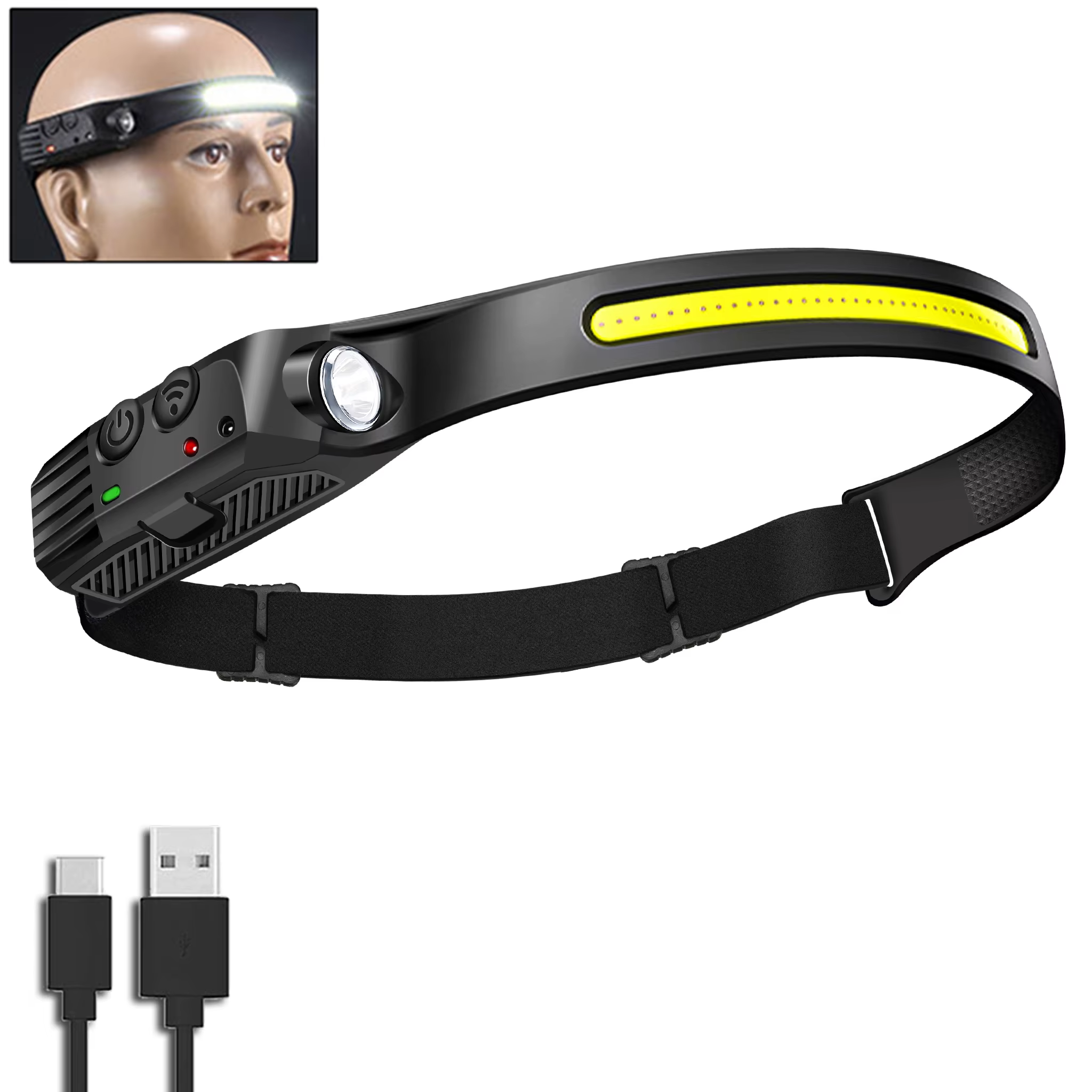 Lampe frontale à double capteur LED XPE+COB, rechargeable par USB, lampe de travail étanche pour la 