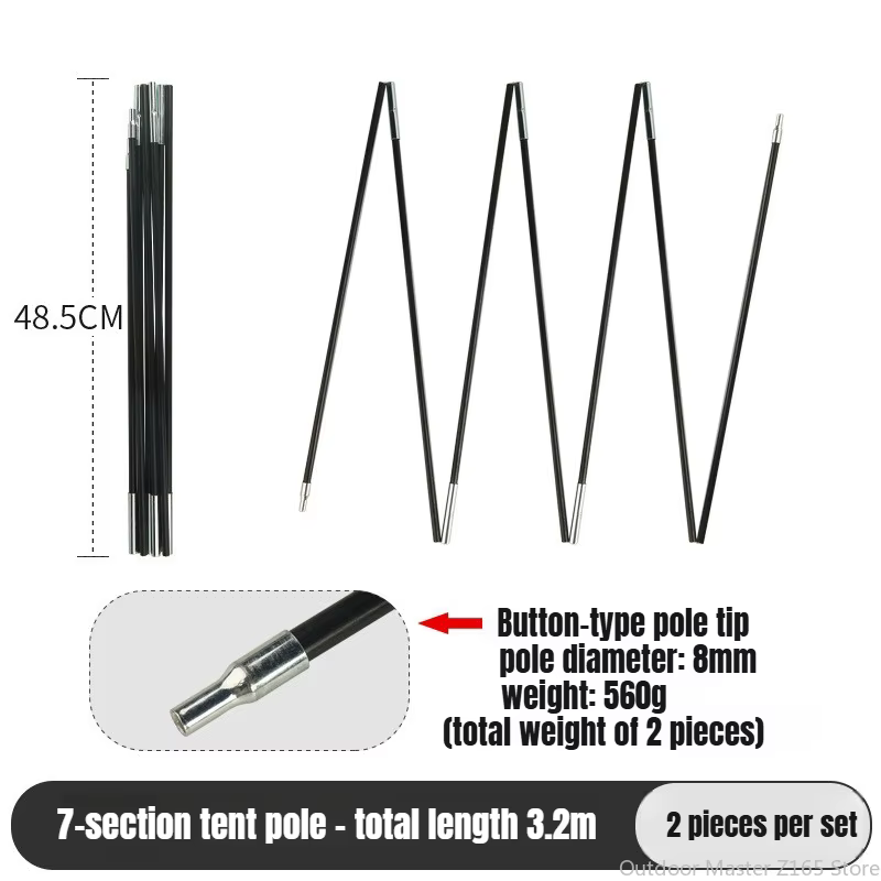 2 poteaux de tente pliables en fibre de verre durables, pièces de rechange de 8 mm de diamètre pour