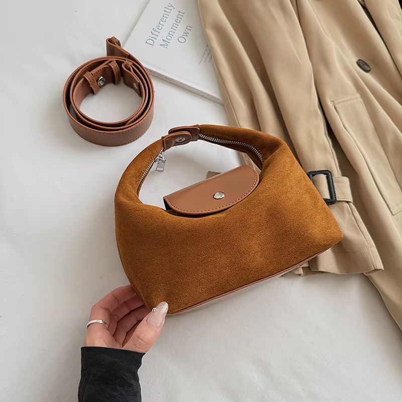 Sac à bandoulière en cuir suédé pour femmes, sac à main café marron, pochette tendance 2025, sac Hob