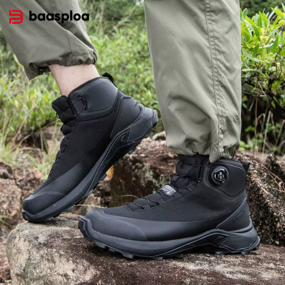 Baasploa hommes chaussures de randonnée anti éclaboussures eau bouton rotatif baskets d'extérieur no