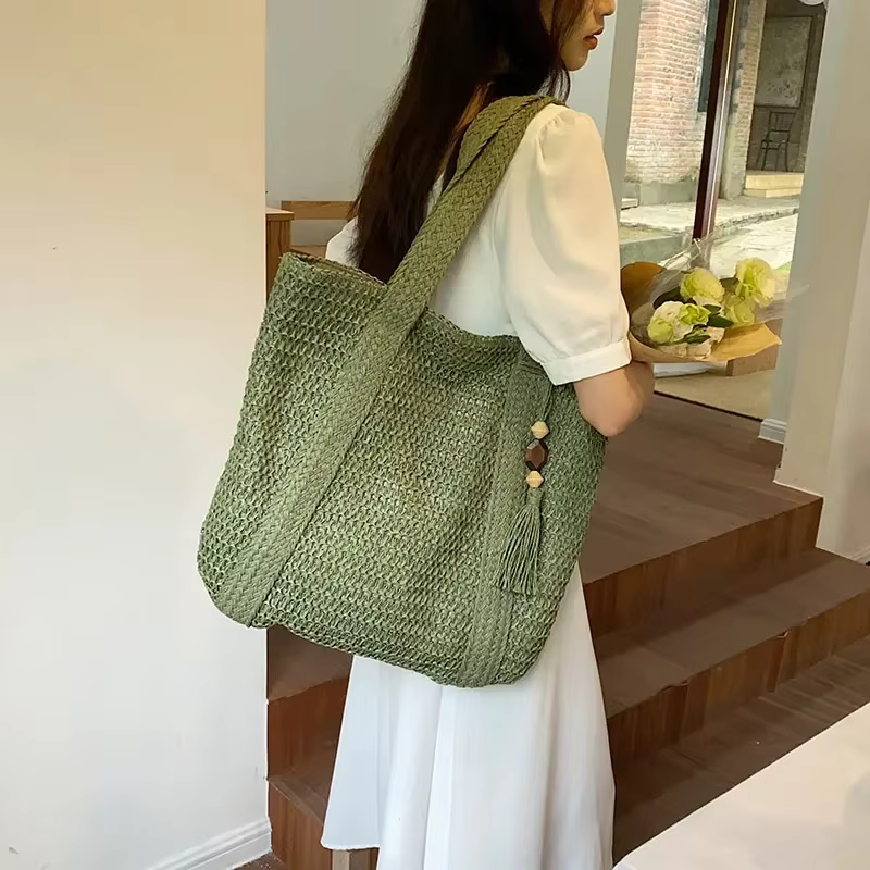Elegant Ladies Straw Woven Handbag Women Holiday Beach Commute Casual Tote Top-Handle Bags Fashion R