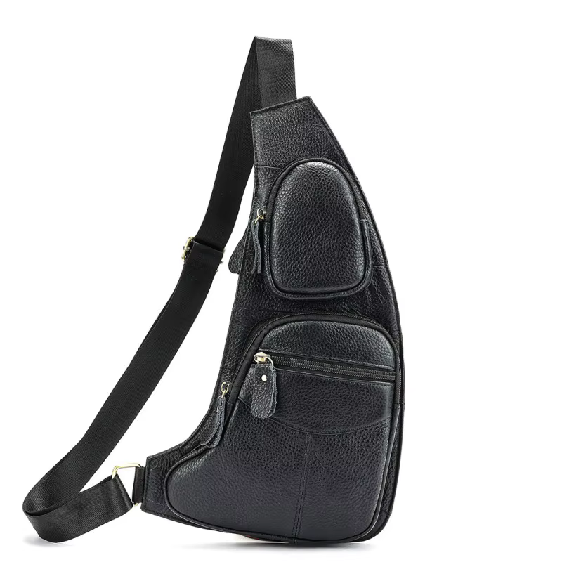 Hommes en cuir véritable fronde bandoulière haute qualité sac de poitrine multi-poches décontracté m