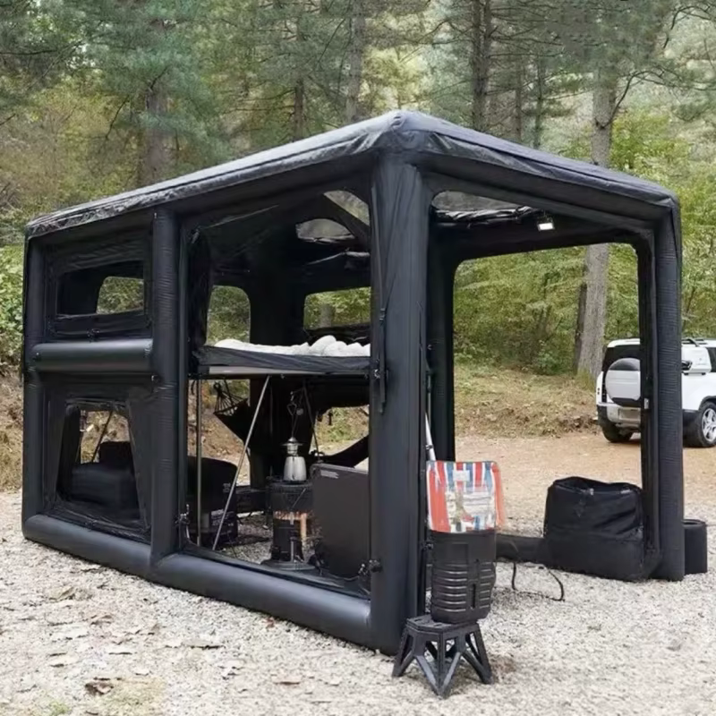Tente de camping extérieure gonflable noire de cloison de 2 chambres avec la poêle