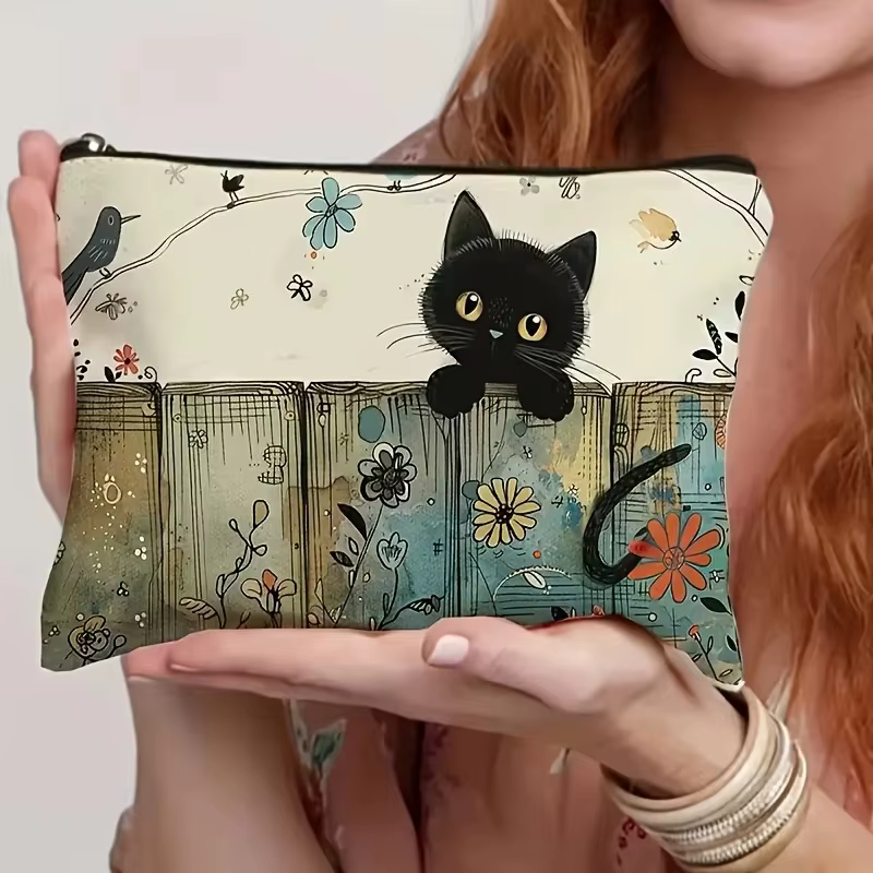 Pochette à fermeture éclair à motif chat noir - Trousse de toilette durable et résistante à la décol