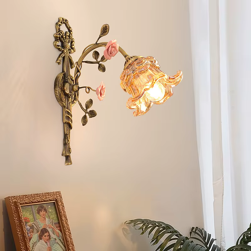 Lampe murale vintage tout en cuivre, lampe à fleurs classique de luxe, lampe de chevet, lampe d'allé