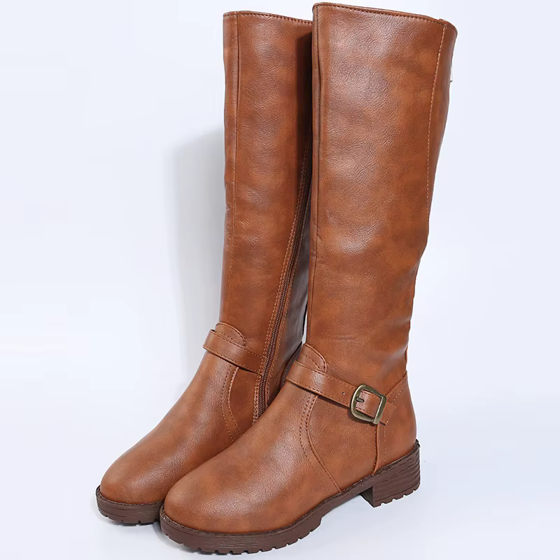 Femmes genou bottes hautes plate-forme bottes longues talons bas bout rond chaussures nouvelle ferme