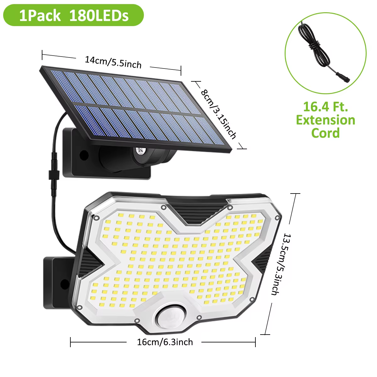 Lampe murale solaire avec 180 LED, allumage et extinction automatiques, étanche IP65, panneau solair