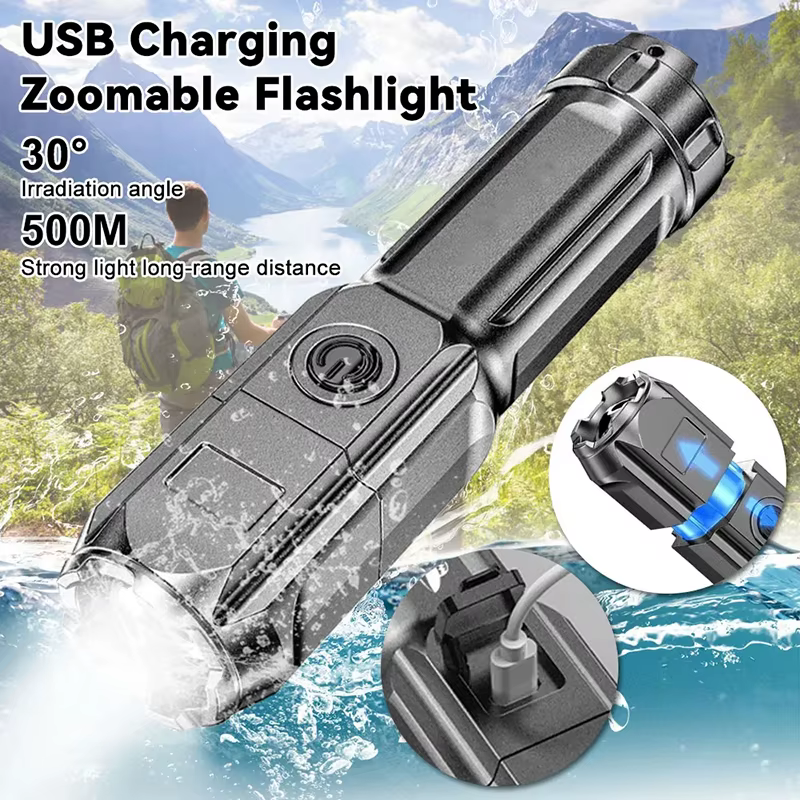 Lampe de poche LED puissante, torche Rechargeable par USB, Portable, Zoomable, pour Camping, 3 Modes