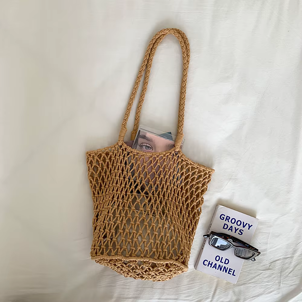 Sac de tissage creux en coton chanvre, fourre-tout fait main de grande capacité, sac en filet portab