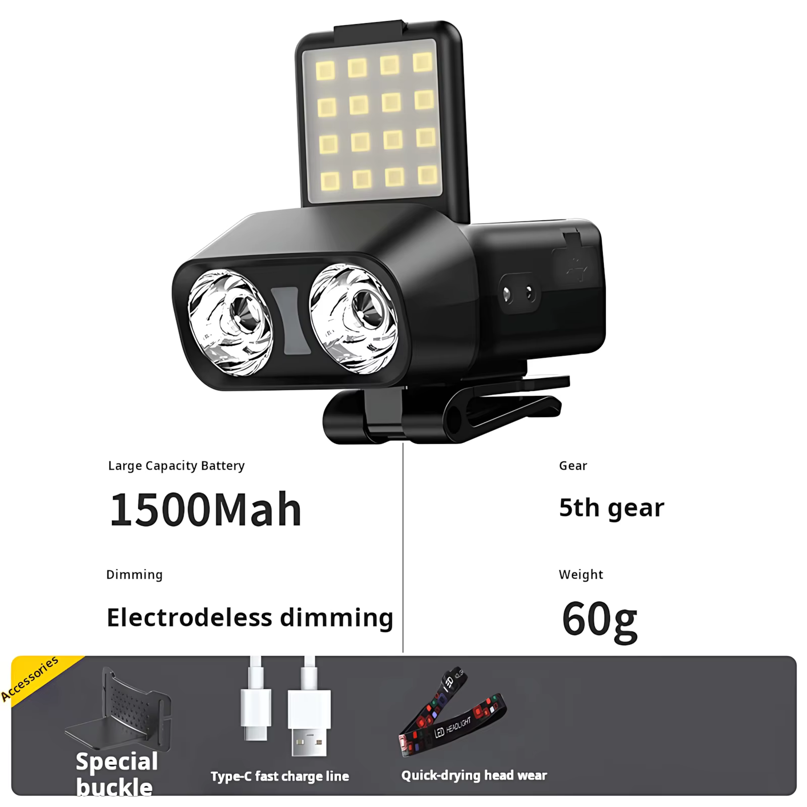 Lampe Frontale Extérieure Ultralégère 60g | 1000LM Luminosité Max, 5 Modes & 3 Sources Lumineuses |