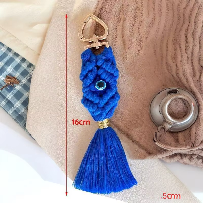 Porte-clés Macramé œil, style bohème, tissé à la main, avec pompon, breloque de sac, style ethnique 