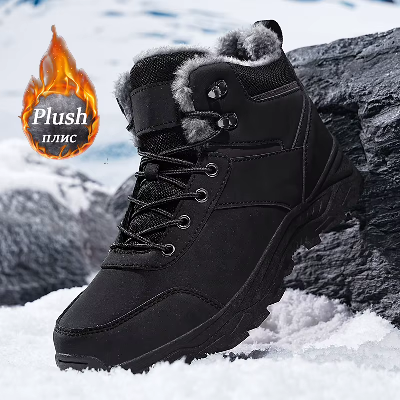 Bottes de neige montantes à semelles épaisses doublées de polaire pour hommes, chaussures de randonn