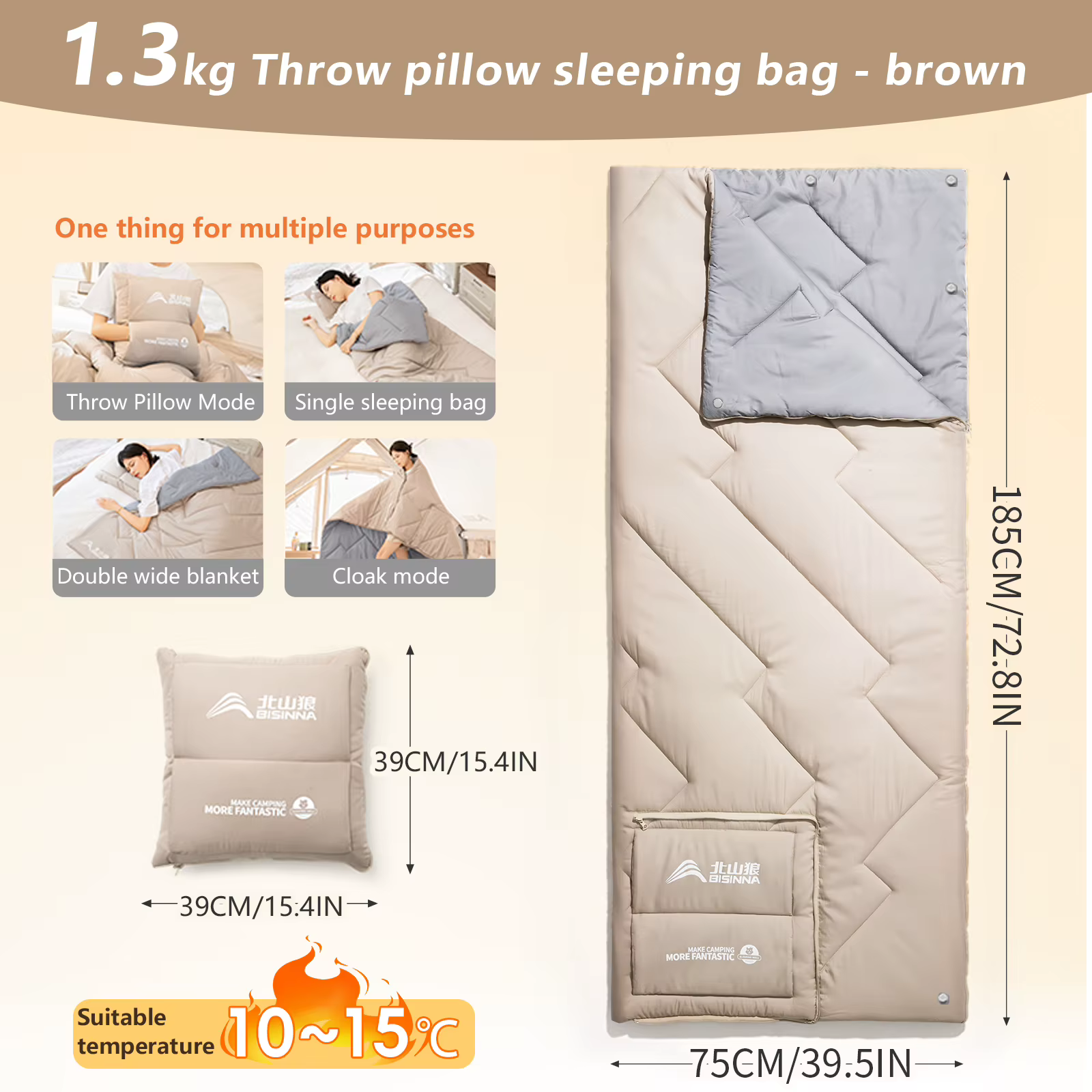BISINNA Sac de couchage de camping, coussin portable, couverture, édredon pour les voyages en plein 