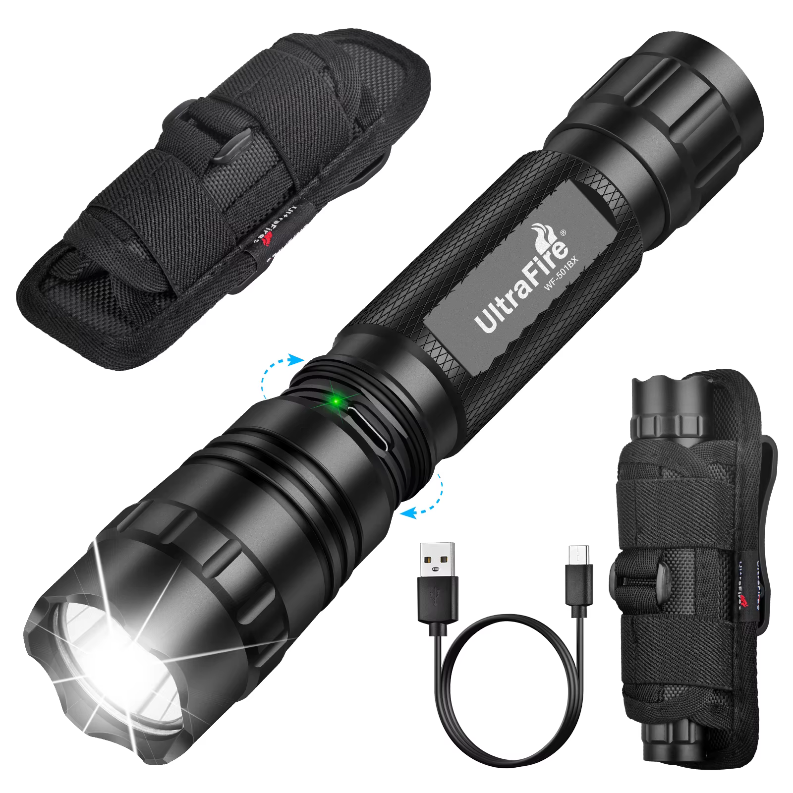 Lampe torche tactique UltraFire WF-501BX avec étui, puissante lampe torche LED de police de 1 200 lu