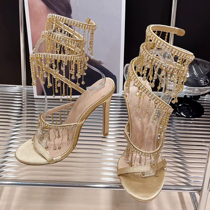 Chaussures dorées mode strass Peep Toe dames talons hauts chaussures en cristal gladiateur sandales 