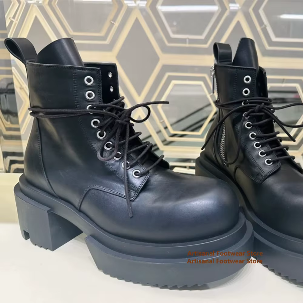 Bottes montantes à semelles épaisses pour hommes, bottines à lacets en cuir véritable, chaussures de